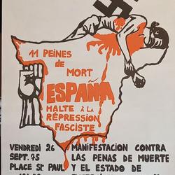 España. 11 peines de mort. Halte à la répression fasciste. Vendredi 26 sept. 75 Place St. Paul 18h30. Manifestacion contra las penas de muerte y el estado de excepcion en España.