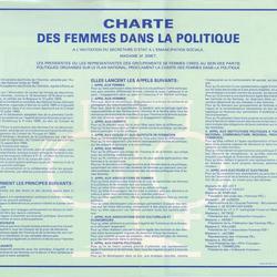 Charte des femmes dans la politique : à l'invitation du Secrétaire d'état à l'émancipation sociale, Madame M. Smet, les présidentes ou les représentantes des groupements de femmes créés au sein des partis politiques organisés sur le plan national, proclament la charte des femmes dans la politique