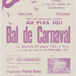 Petits amis, petites amies, participez au plus joli Bal de Carnaval le dimanche 17 mars 1963 : invitation cordiale à tous les enfants de coopérateurs