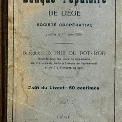 Livret de la Banque populaire de Liège, société coopérative, fondée le 1er juin 1864