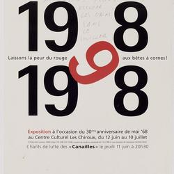 1968-1998 : laissons la peur du rouge aux bêtes à cornes ! : exposition à l'occasion du 30ème anniversaire de mai '68 au centre culturel Les Chiroux, du 12 juin au 10 juillet