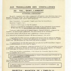 Aux travailleurs des cristalleries du Val-Saint Lambert. Attention : liquidation !