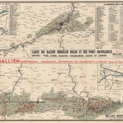 Carte du bassin houiller belge et des voies navigables entre : Visé, Liège, Namur, Charleroi, Mons et Condé
